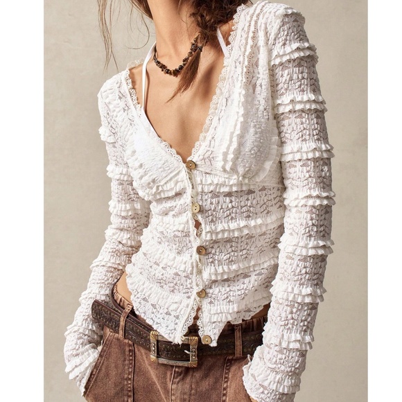 Boho Fitted Button Down Frill Ruffle Detail Long Sleeve top - Picture 1 of 12